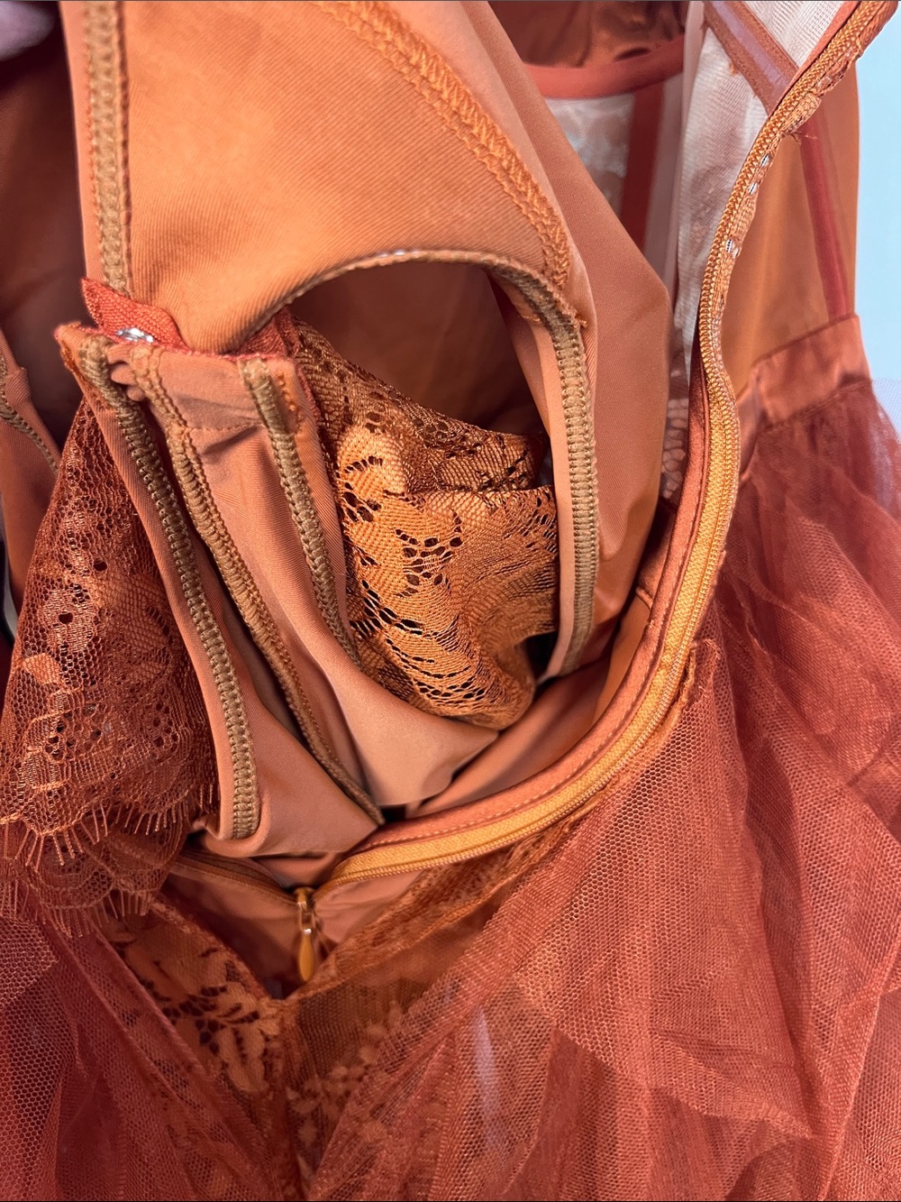 For love & lemons NWT bustier strapless lace tulle ruffle gown rust sz L - Picture 12 of 12